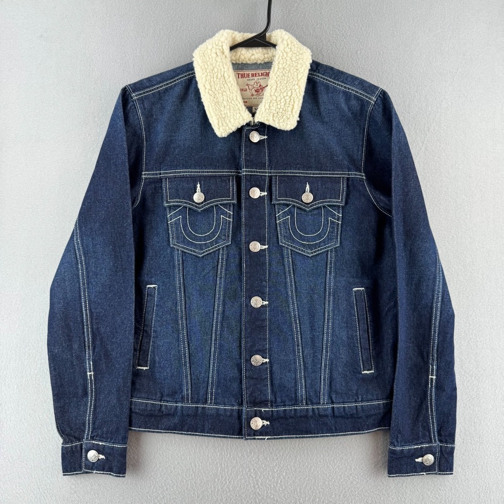 True Religion Jacket Mens Small 21x25 Blue Denim Trucker Sherpa Collar NICE!!